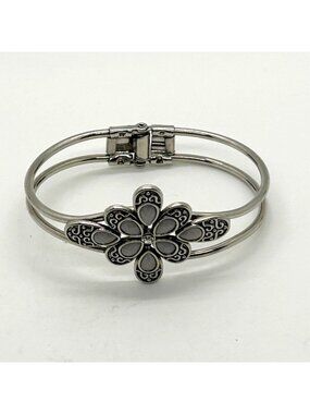 Boho Silver Tone Hinged Flower Statement Bracelet Acrylic Teardrop  6.5 Inch